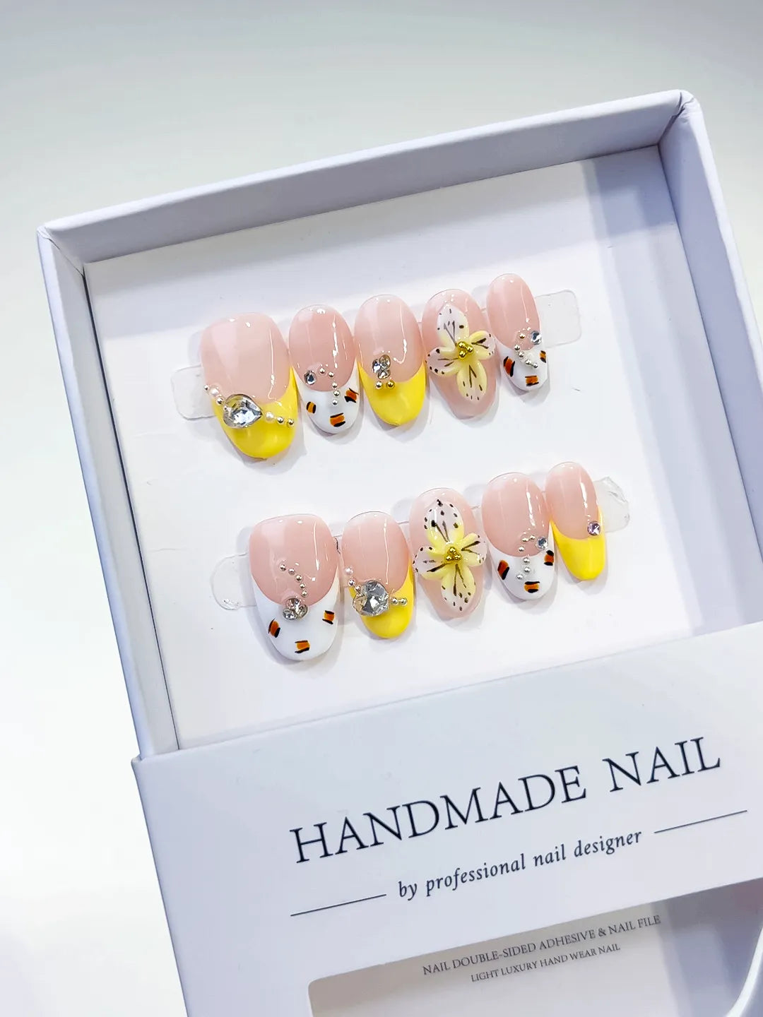 Nude Yellow White French tip Flower Rhinestone press on nails full set view