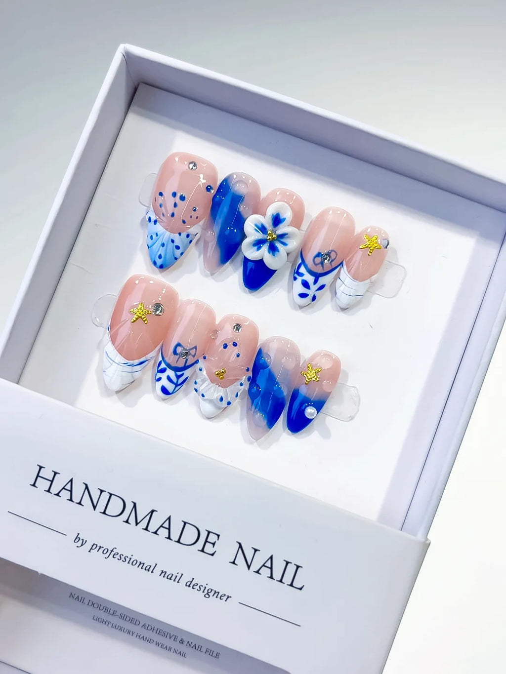 Nude Blue White French tip Flower Star press on nails