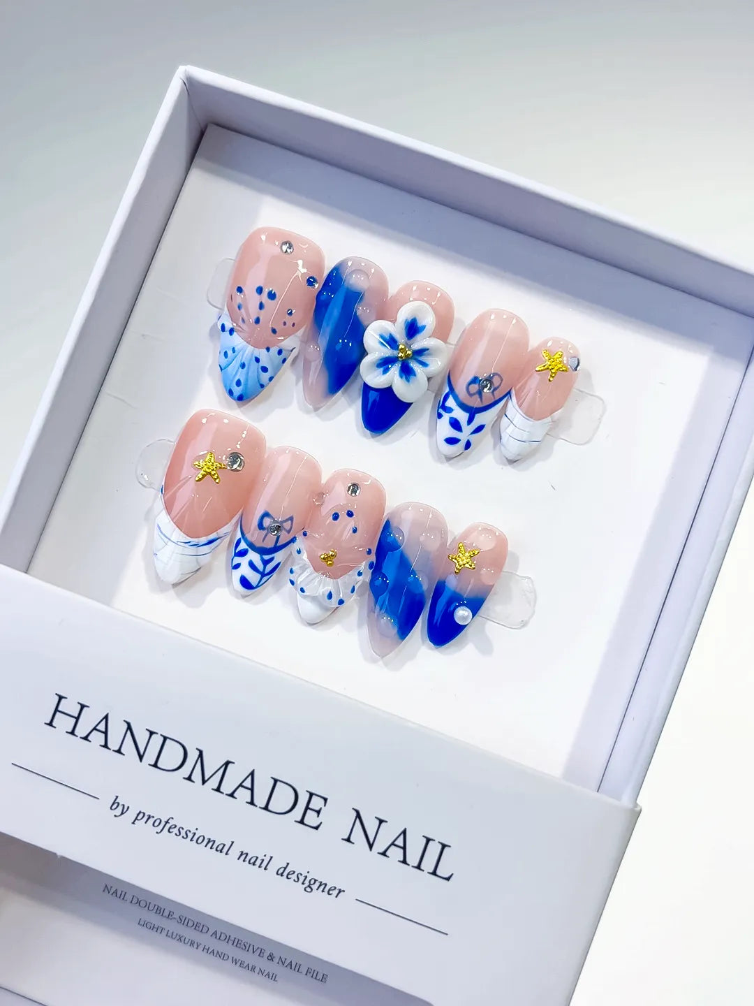 Nude Blue White French tip Flower Star press on nails