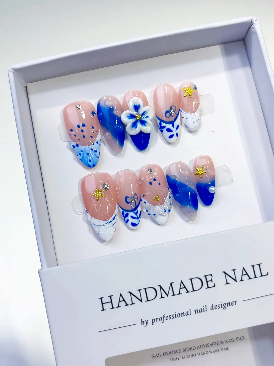 Nude Blue White French tip Flower Star press on nails close up