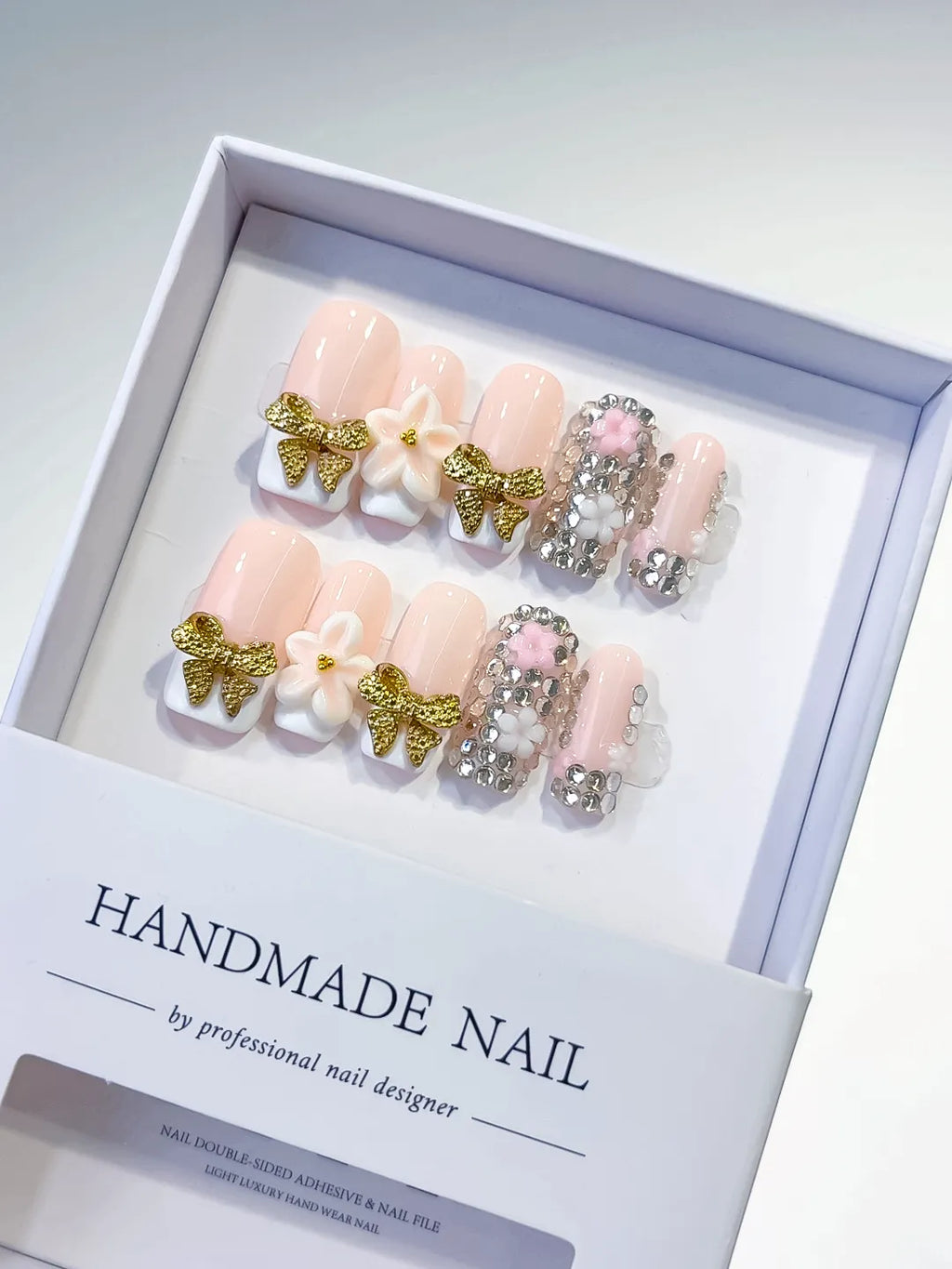 Nude Gold White Glitter Bow Flower Rhinestone press on nails