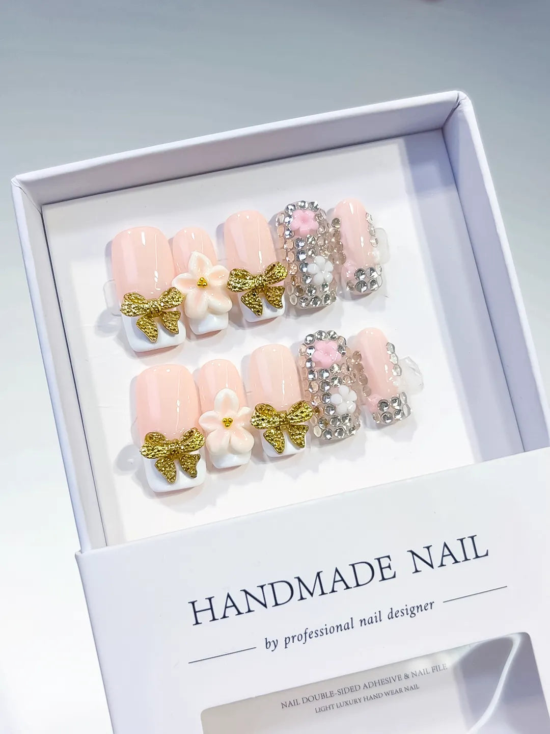 Nude Gold White Glitter Bow Flower Rhinestone press on nails full set view