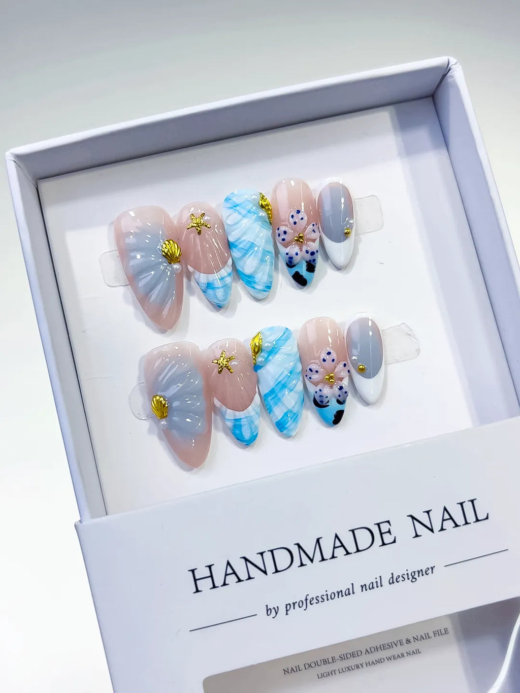 Nude White Blue Abstract Flower Shell Starfish press on nails full set view