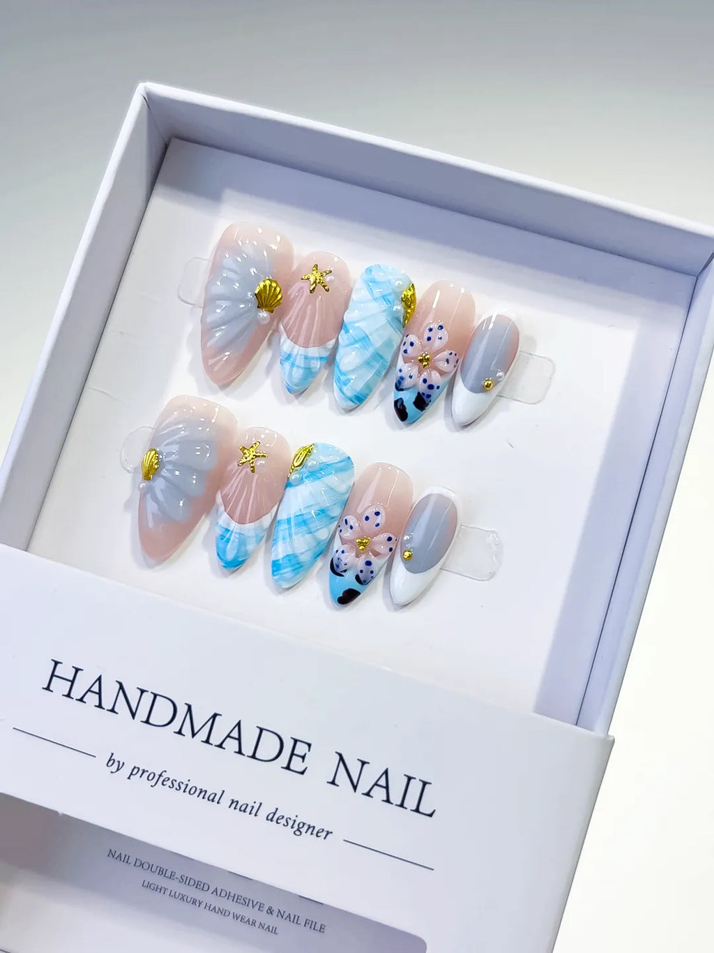 Nude White Blue Abstract Flower Shell Starfish press on nails