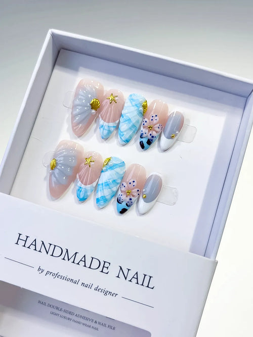 Nude White Blue Abstract Flower Shell Starfish press on nails