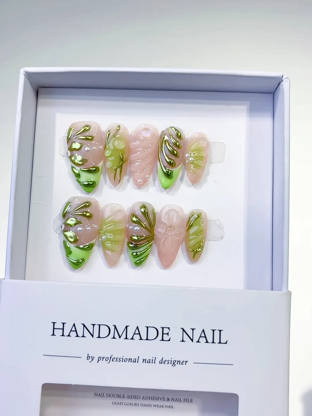 Nude Green Metallic Embossed press on nails angled view