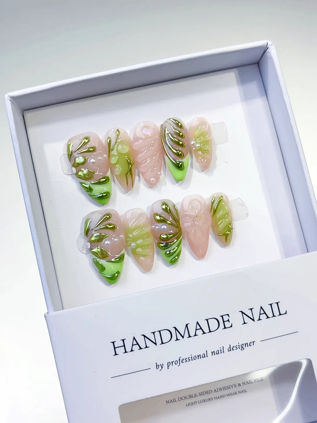 Nude Green Metallic Embossed press on nails full set view