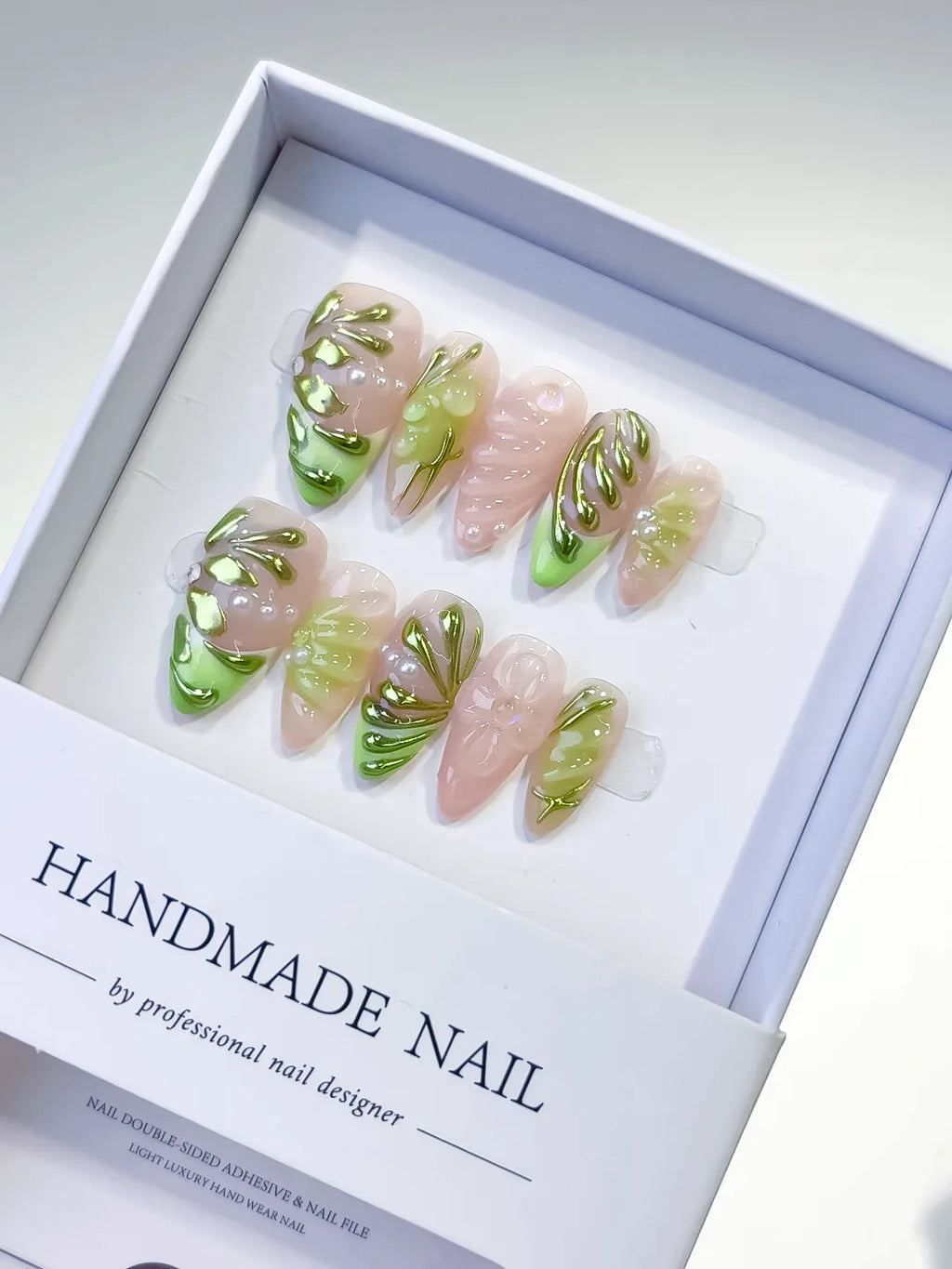 Nude Green Metallic Embossed press on nails