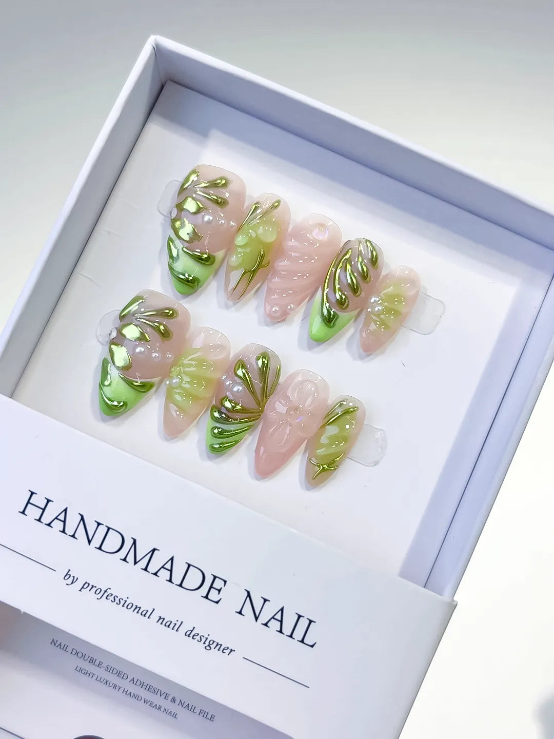Nude Green Metallic Embossed press on nails