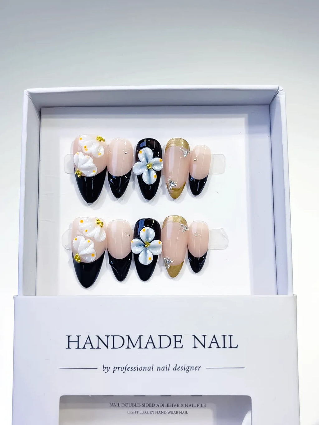 Nude Black White Gold French tip Flower Rhinestone press on nails full set view