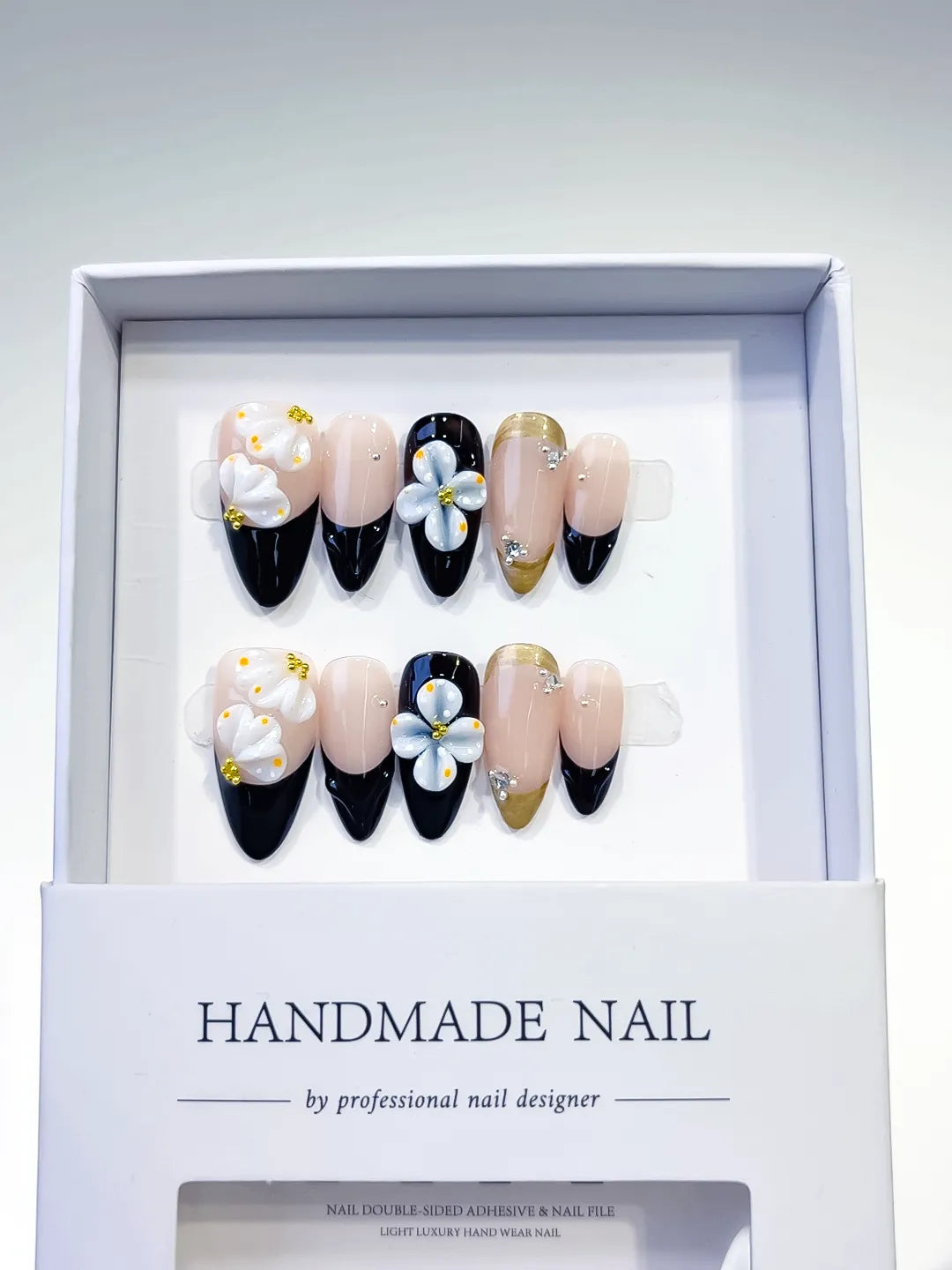 Nude Black White Gold French tip Flower Rhinestone press on nails full set view