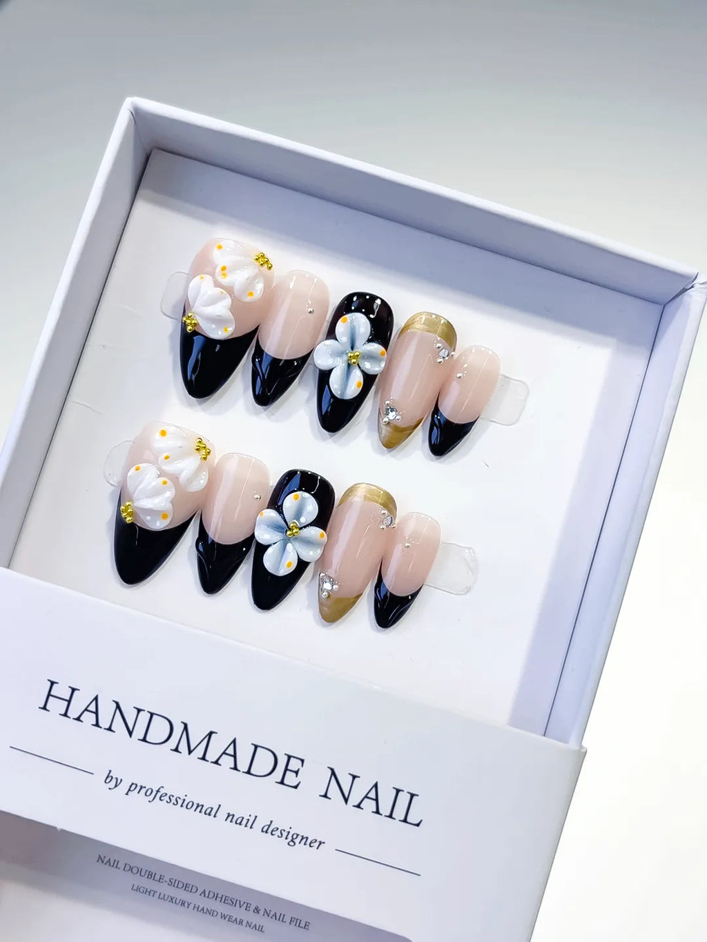Nude Black White Gold French tip Flower Rhinestone press on nails