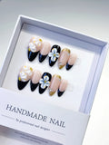 Nude Black White Gold French tip Flower Rhinestone press on nails