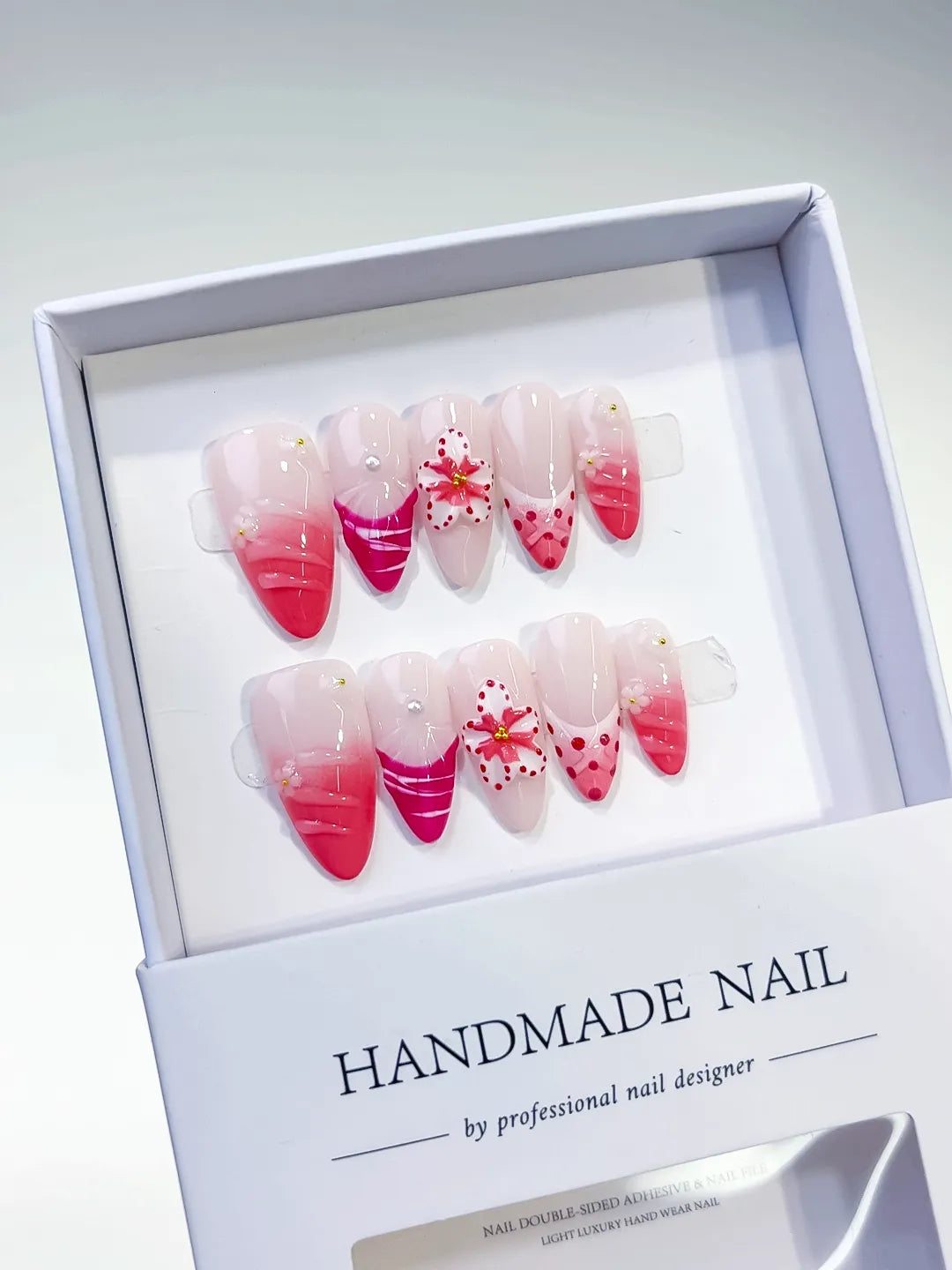 Pink White Ombre Flower Dot Pattern press on nails angled view