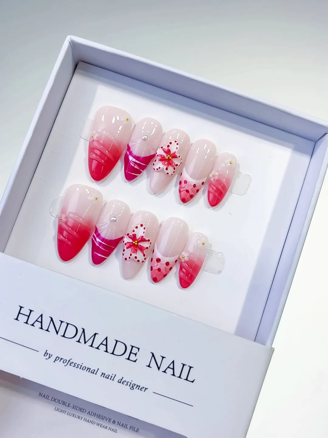 Pink White Ombre Flower Dot Pattern press on nails