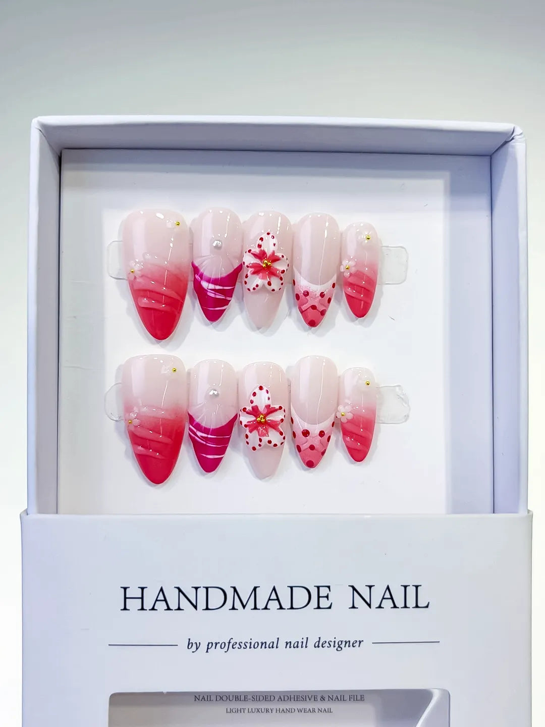 Pink White Ombre Flower Dot Pattern press on nails full set view