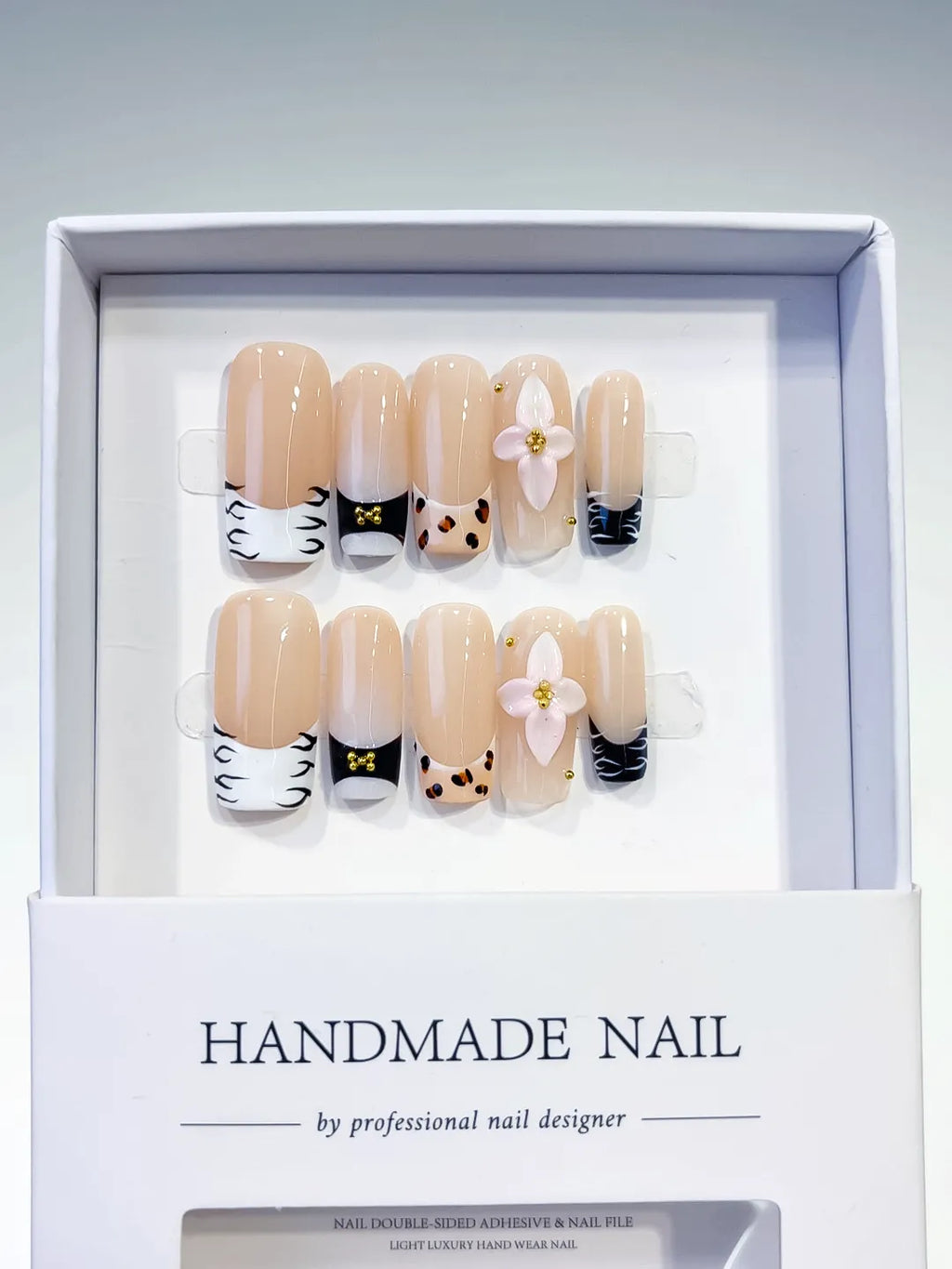 Nude White Black French tip Flower Animal Print press on nails full set view