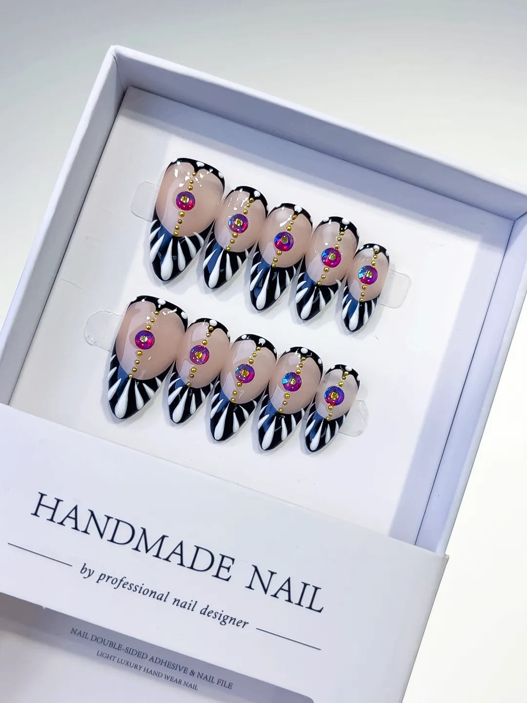 Black White Pink Gold Abstract Stripe Rhinestone press on nails