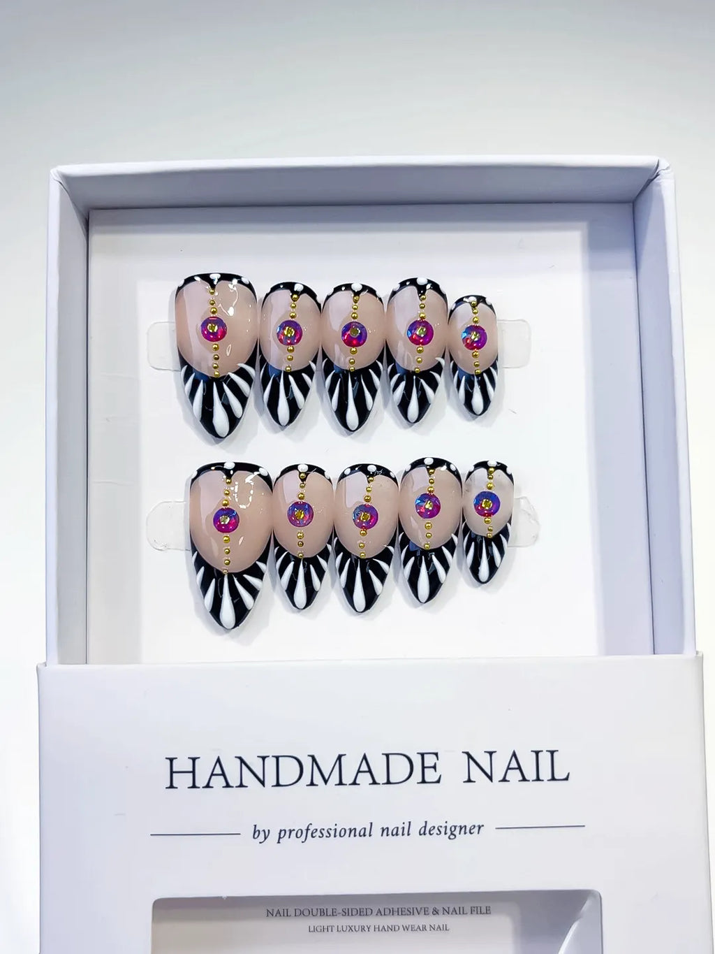 Black White Pink Gold Abstract Stripe Rhinestone press on nails full set view