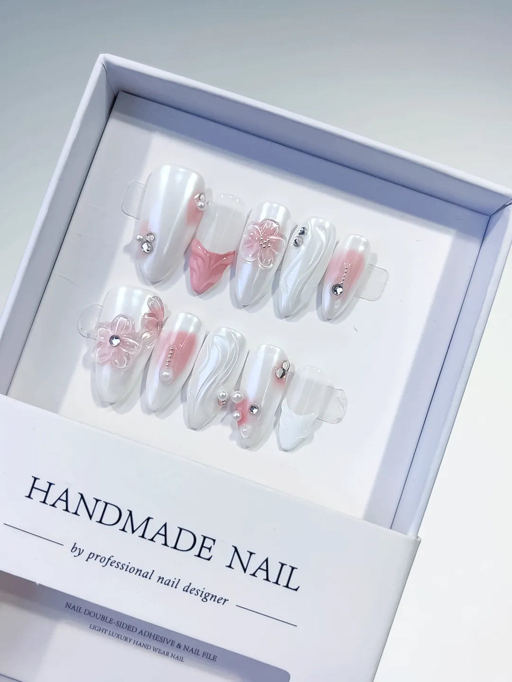 White Pink Holographic Flower Rhinestone press on nails