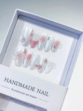 White Pink Holographic Flower Rhinestone press on nails