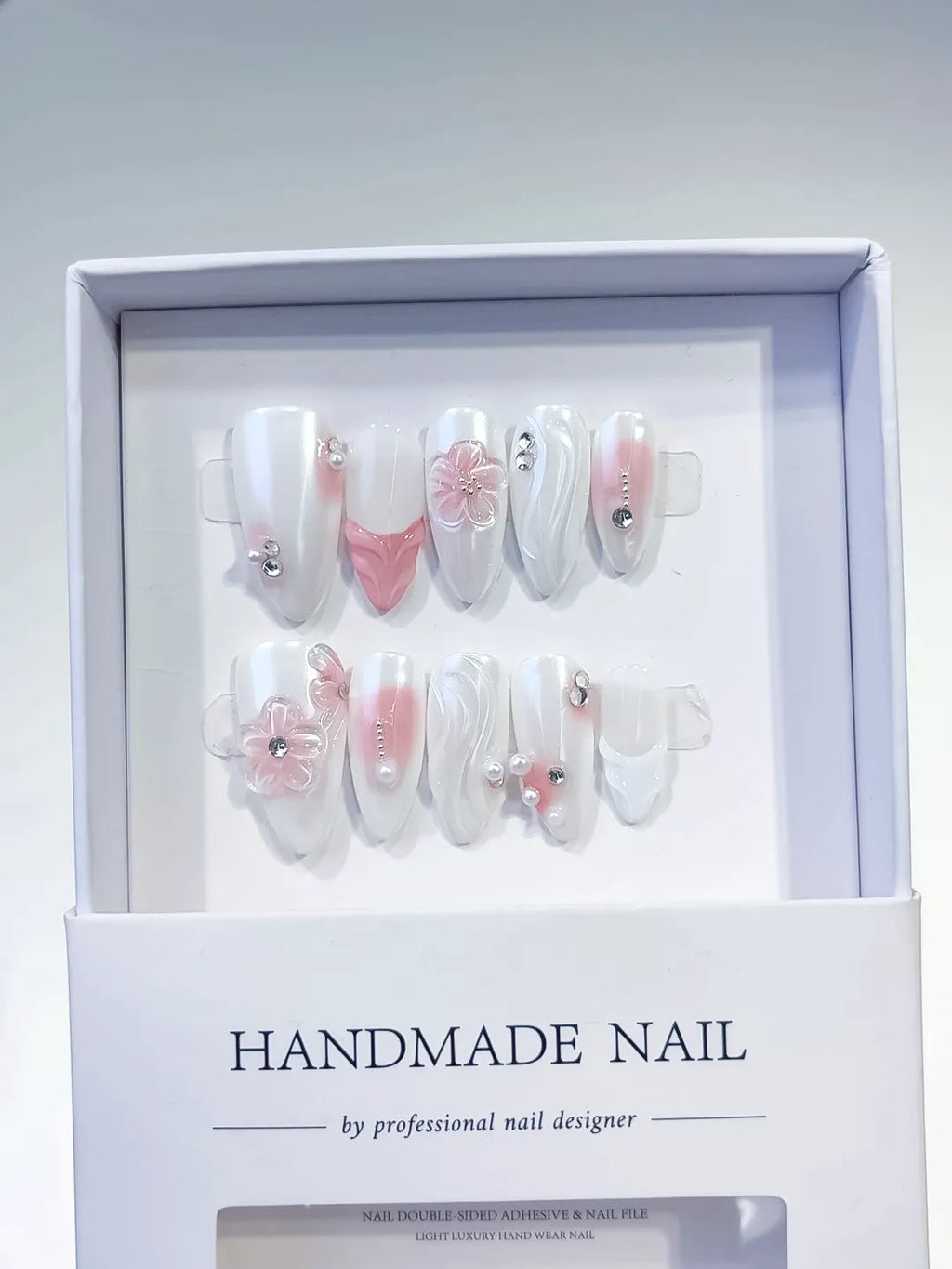 White Pink Holographic Flower Rhinestone press on nails full set view