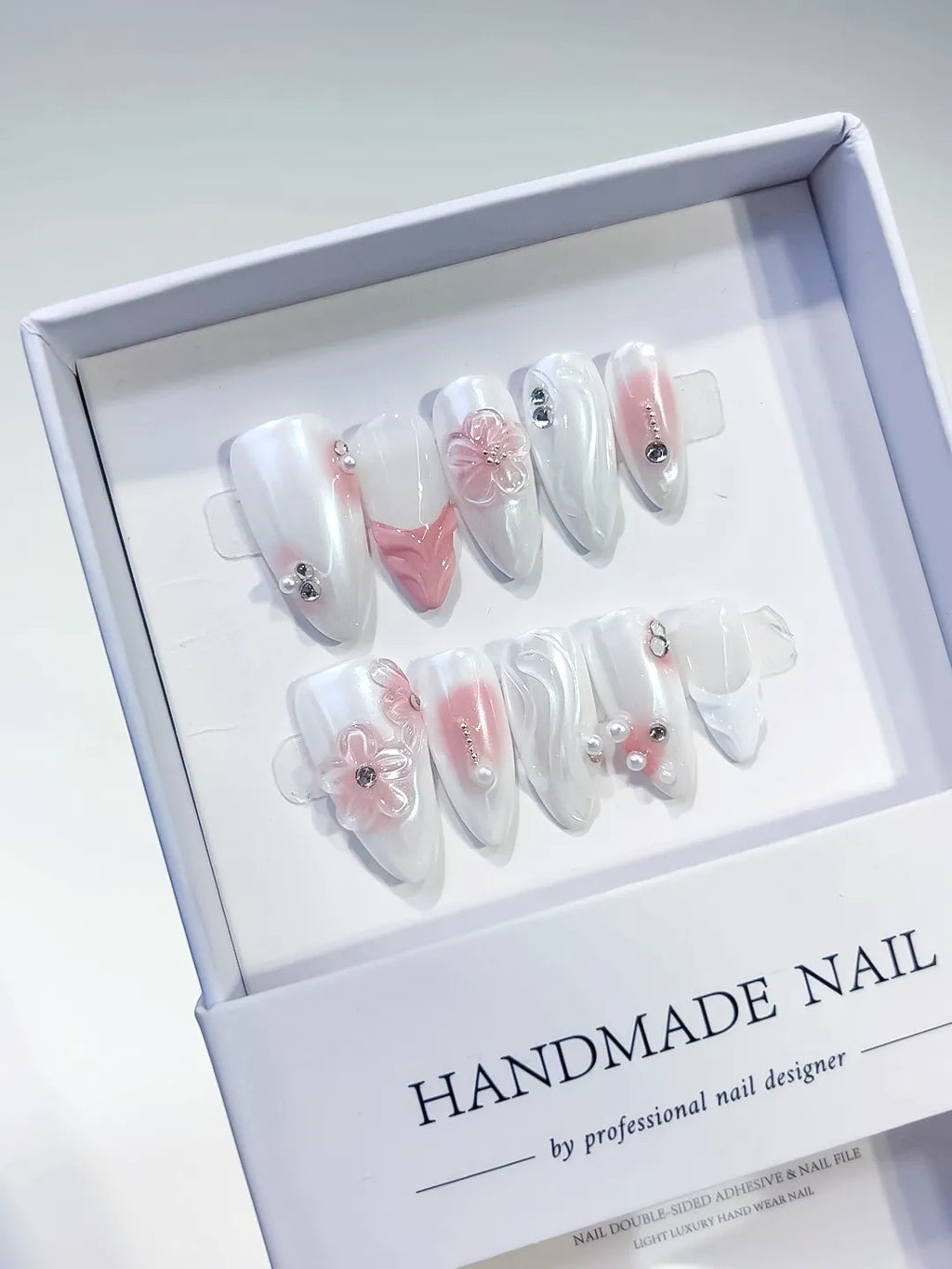White Pink Holographic Flower Rhinestone press on nails angled view