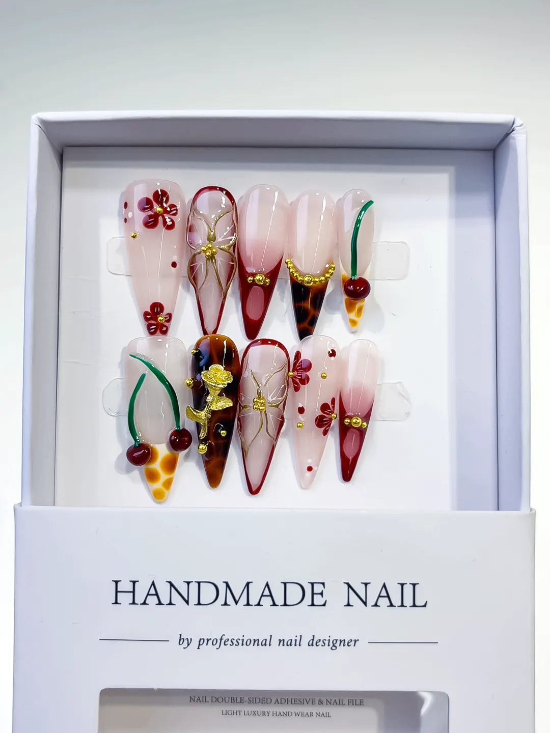 Nude Red Brown White Abstract Cherry Flower Metallic Rose press on nails full set view