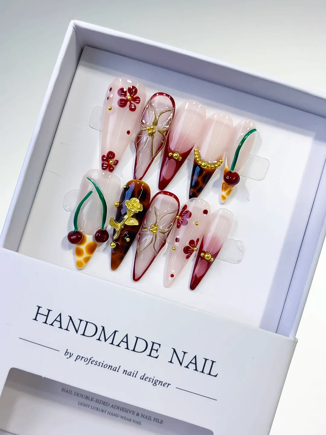 Nude Red Brown White Abstract Cherry Flower Metallic Rose press on nails
