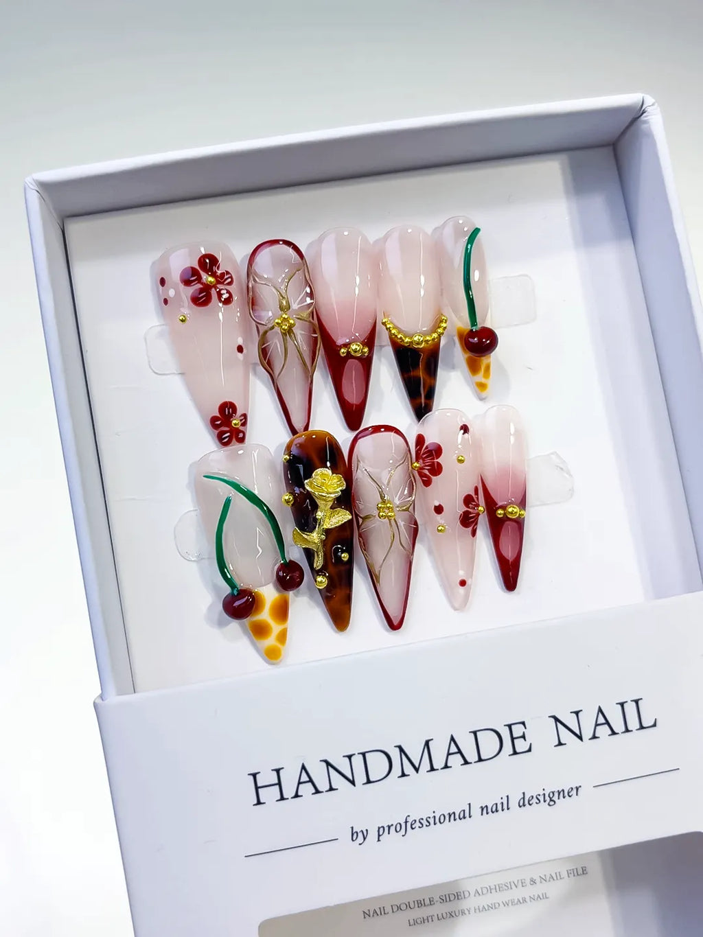 Nude Red Brown White Abstract Cherry Flower Metallic Rose press on nails angled view