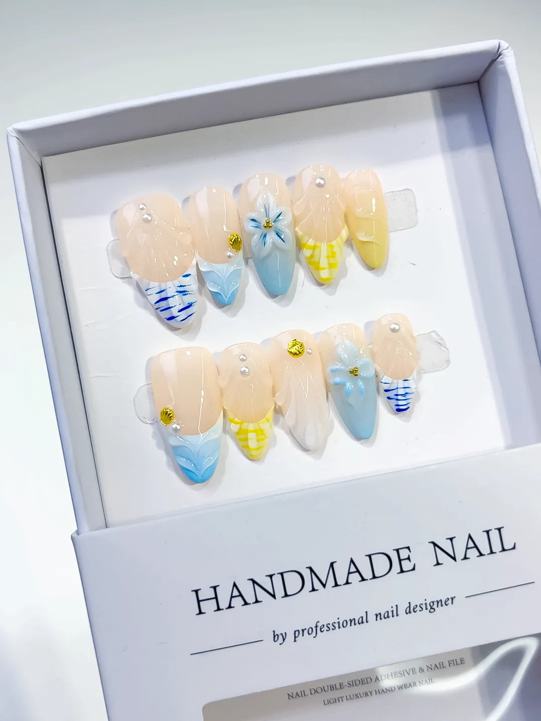 Nude Blue Yellow French tip Flower Grid Pattern press on nails full set view