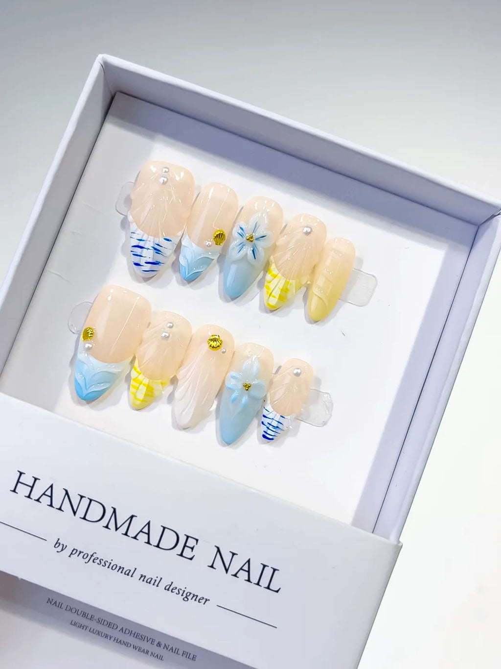 Nude Blue Yellow French tip Flower Grid Pattern press on nails