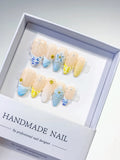 Nude Blue Yellow French tip Flower Grid Pattern press on nails
