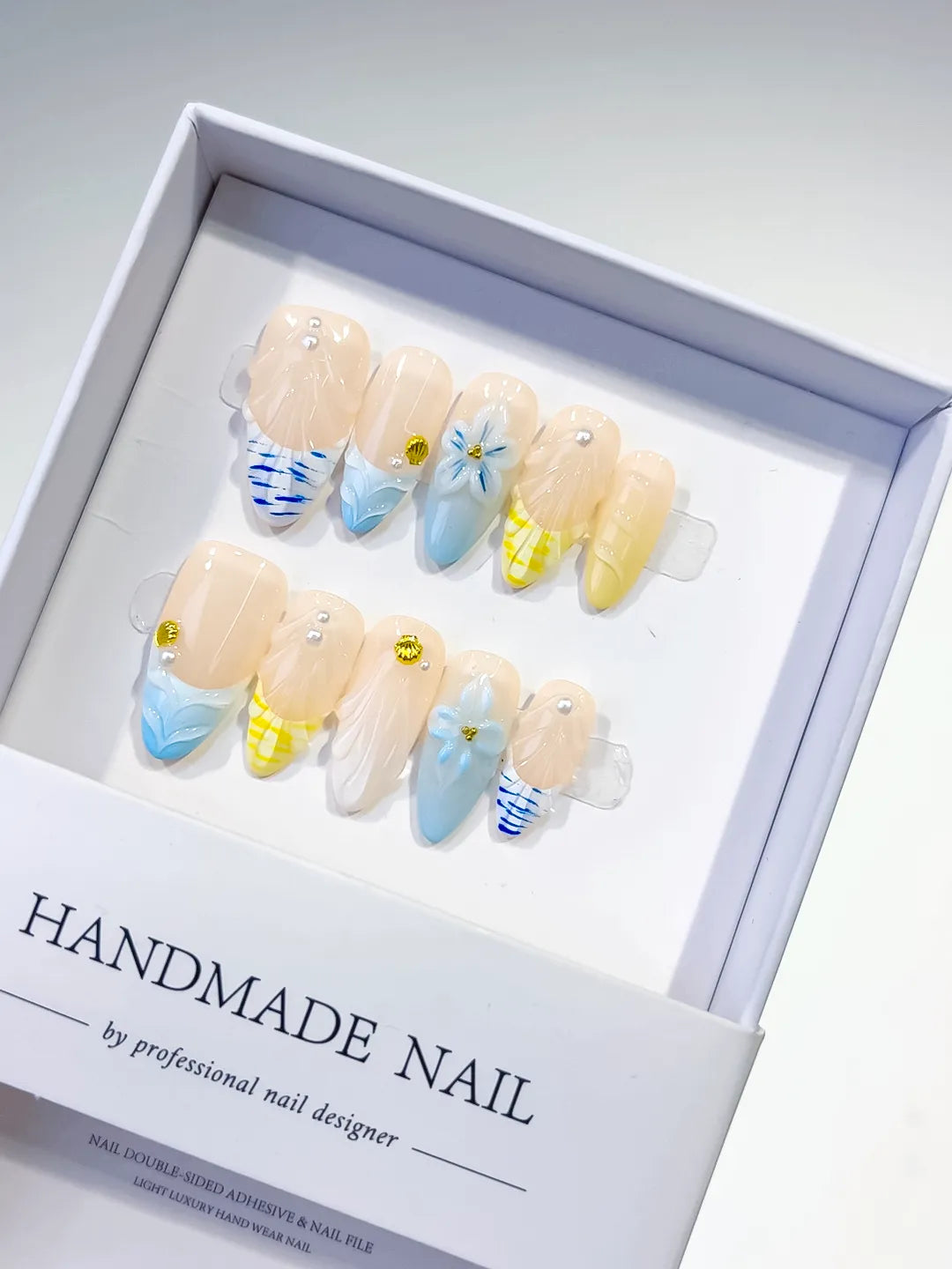 Nude Blue Yellow French tip Flower Grid Pattern press on nails