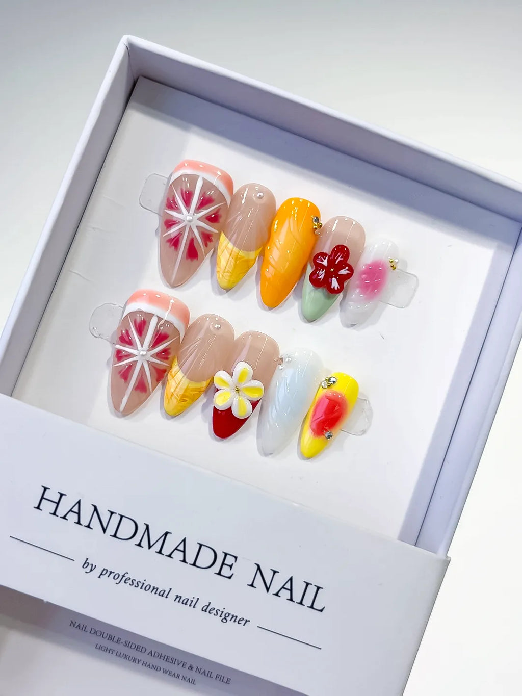 Nude Orange Pink Yellow Blue Abstract Flower Citrus press on nails
