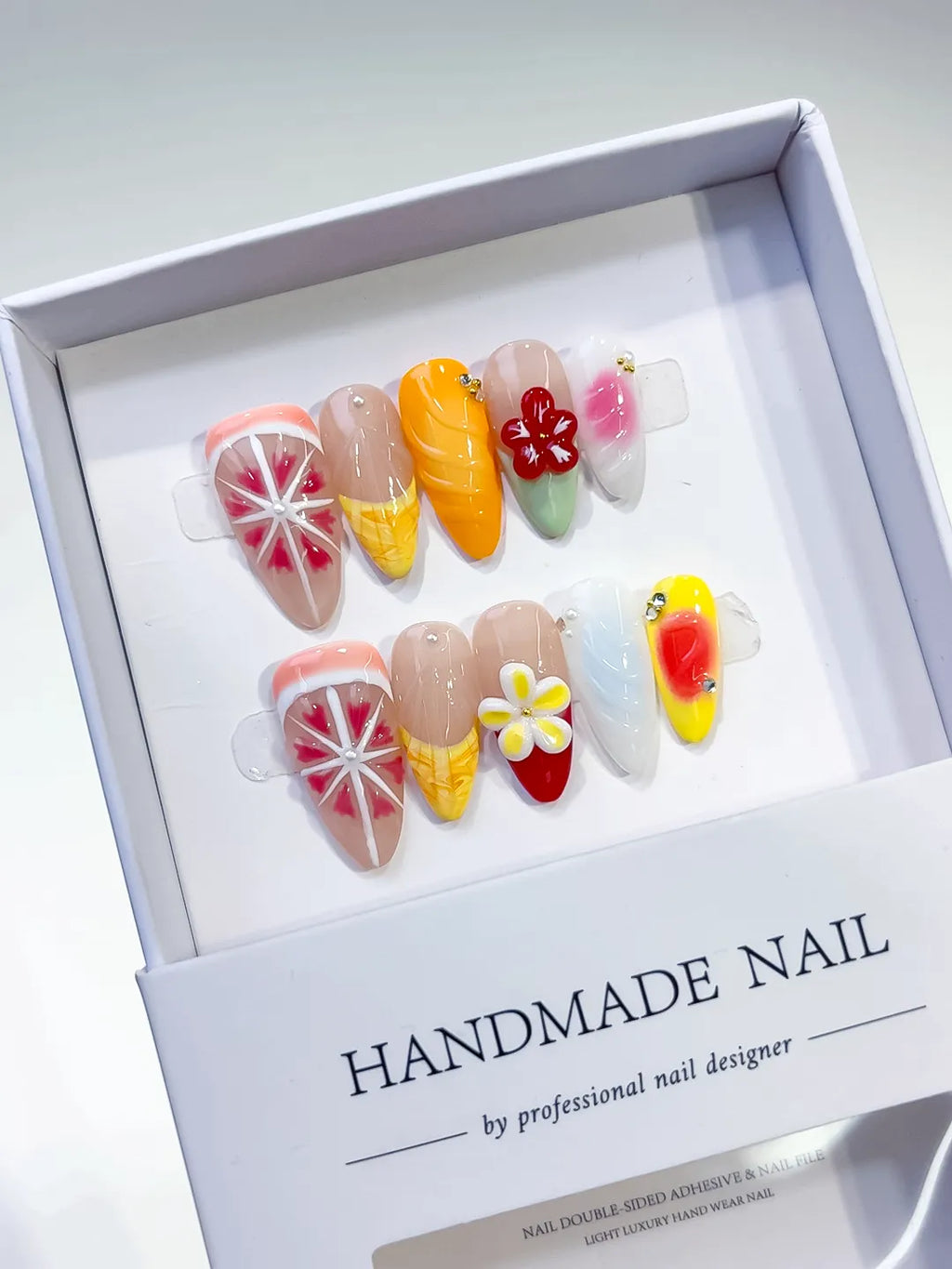 Nude Orange Pink Yellow Blue Abstract Flower Citrus press on nails full set view
