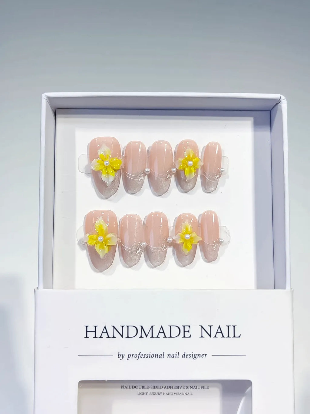 Nude Yellow Solid color Flower Pearl Line press on nails full set view