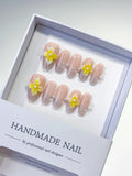 Nude Yellow Solid color Flower Pearl Line press on nails