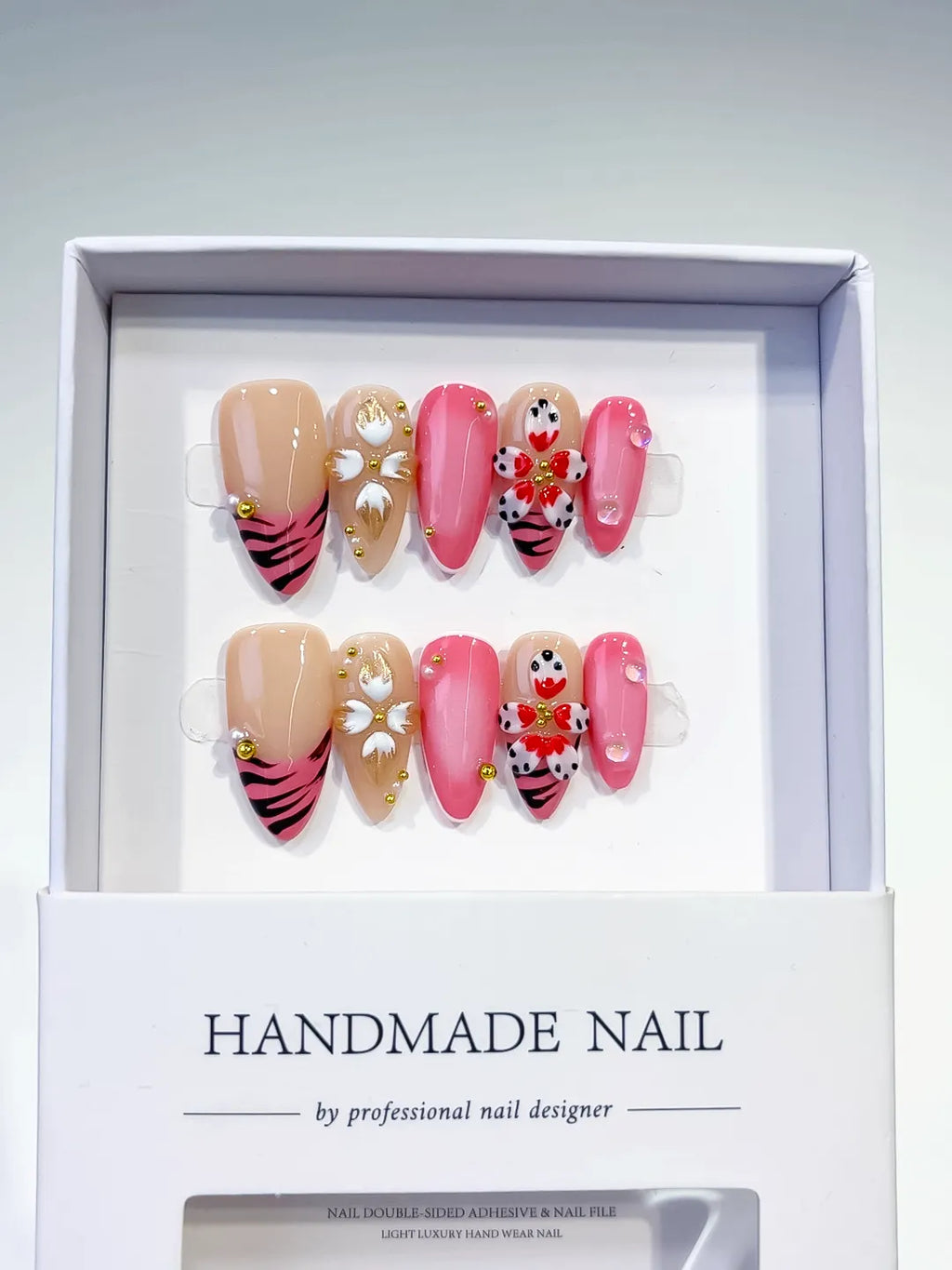 Pink Gold Black Nude Abstract Heart Animal Print Metallic press on nails full set view