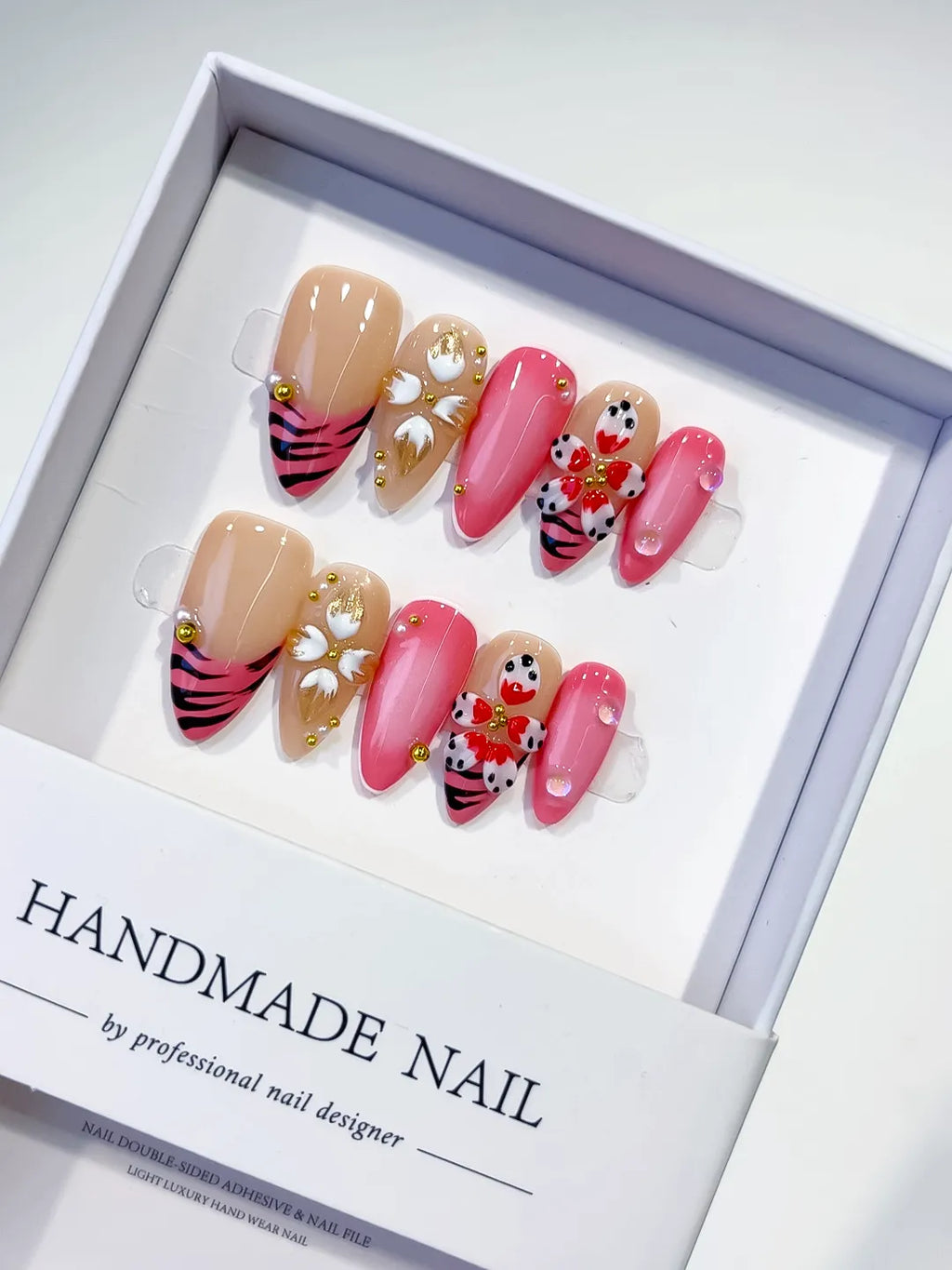 Pink Gold Black Nude Abstract Heart Animal Print Metallic press on nails