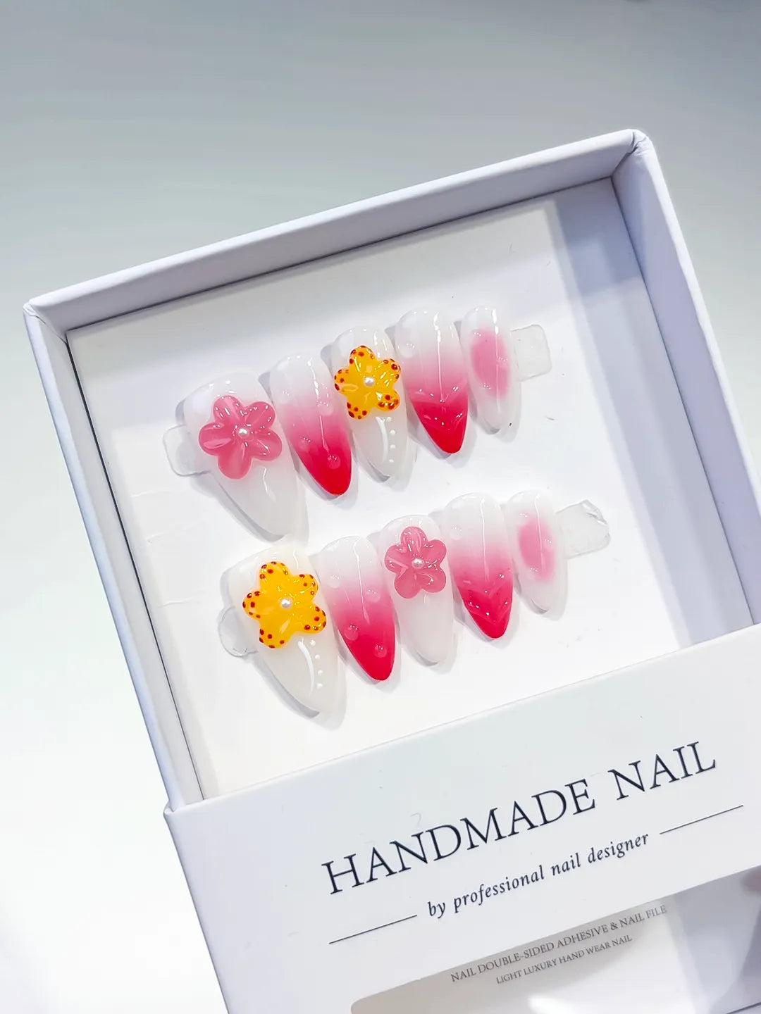 White Pink Ombre Flower press on nails angled view