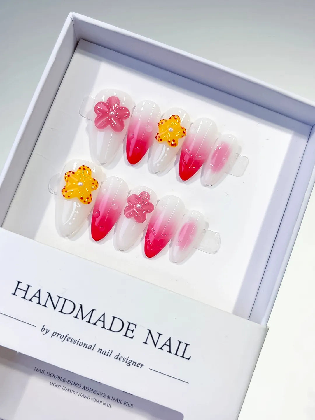 White Pink Ombre Flower press on nails