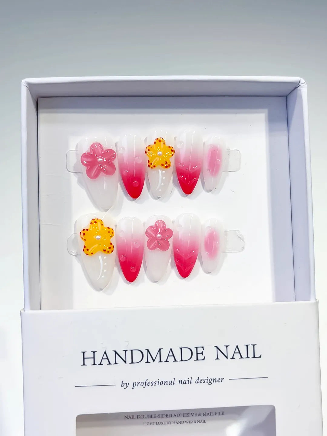 White Pink Ombre Flower press on nails full set view