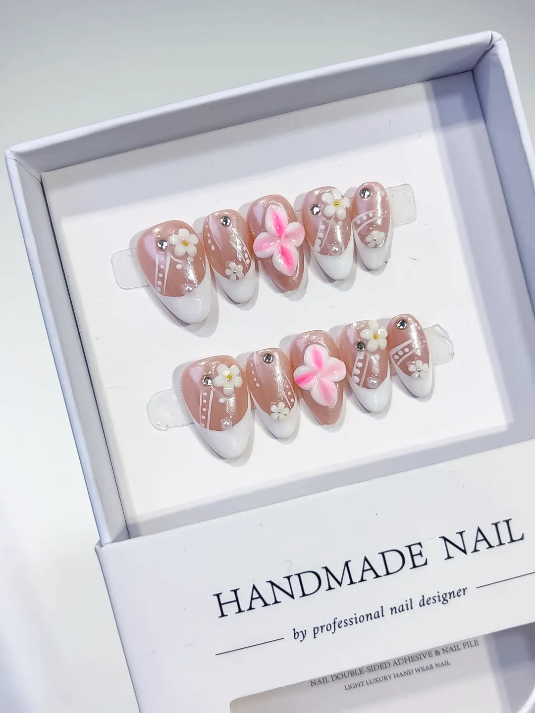 Nude White Pink French tip Flower Pearl press on nails angled view