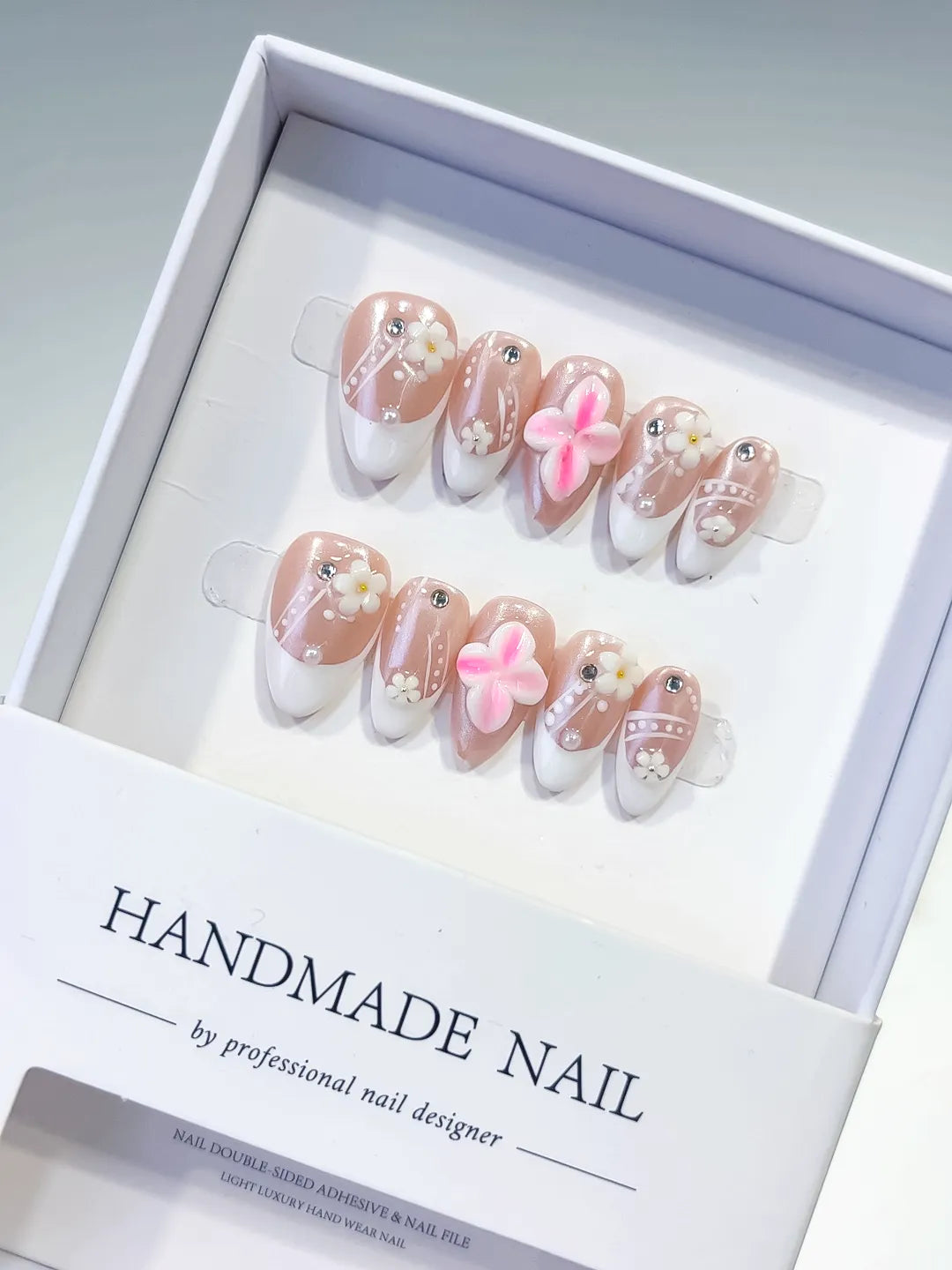 Nude White Pink French tip Flower Pearl press on nails