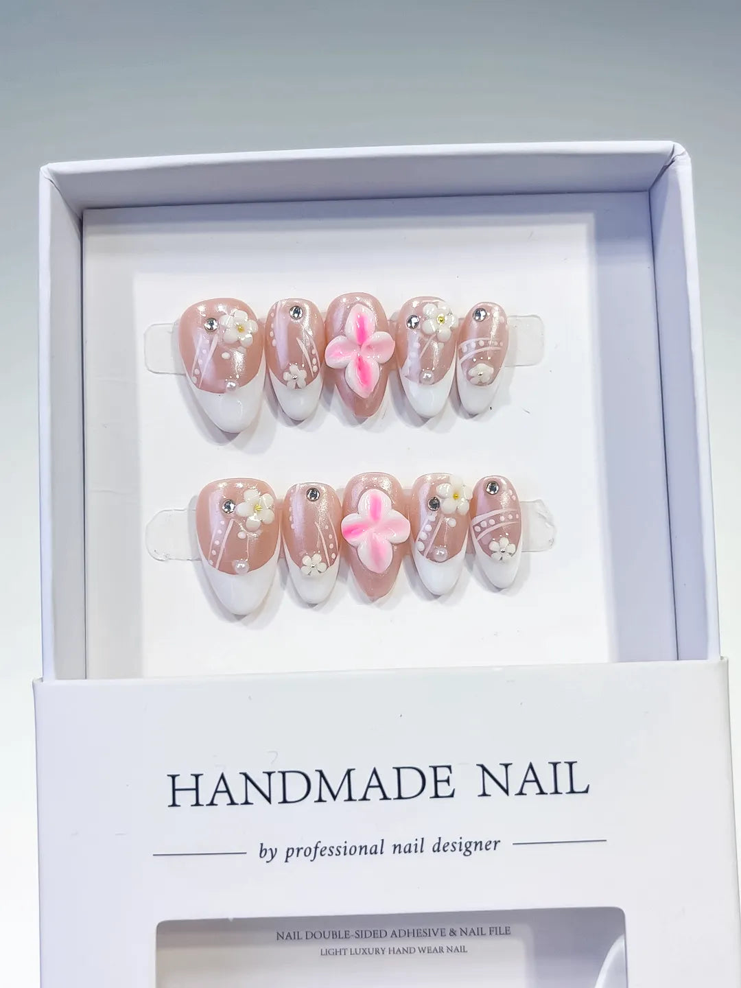 Nude White Pink French tip Flower Pearl press on nails full set view