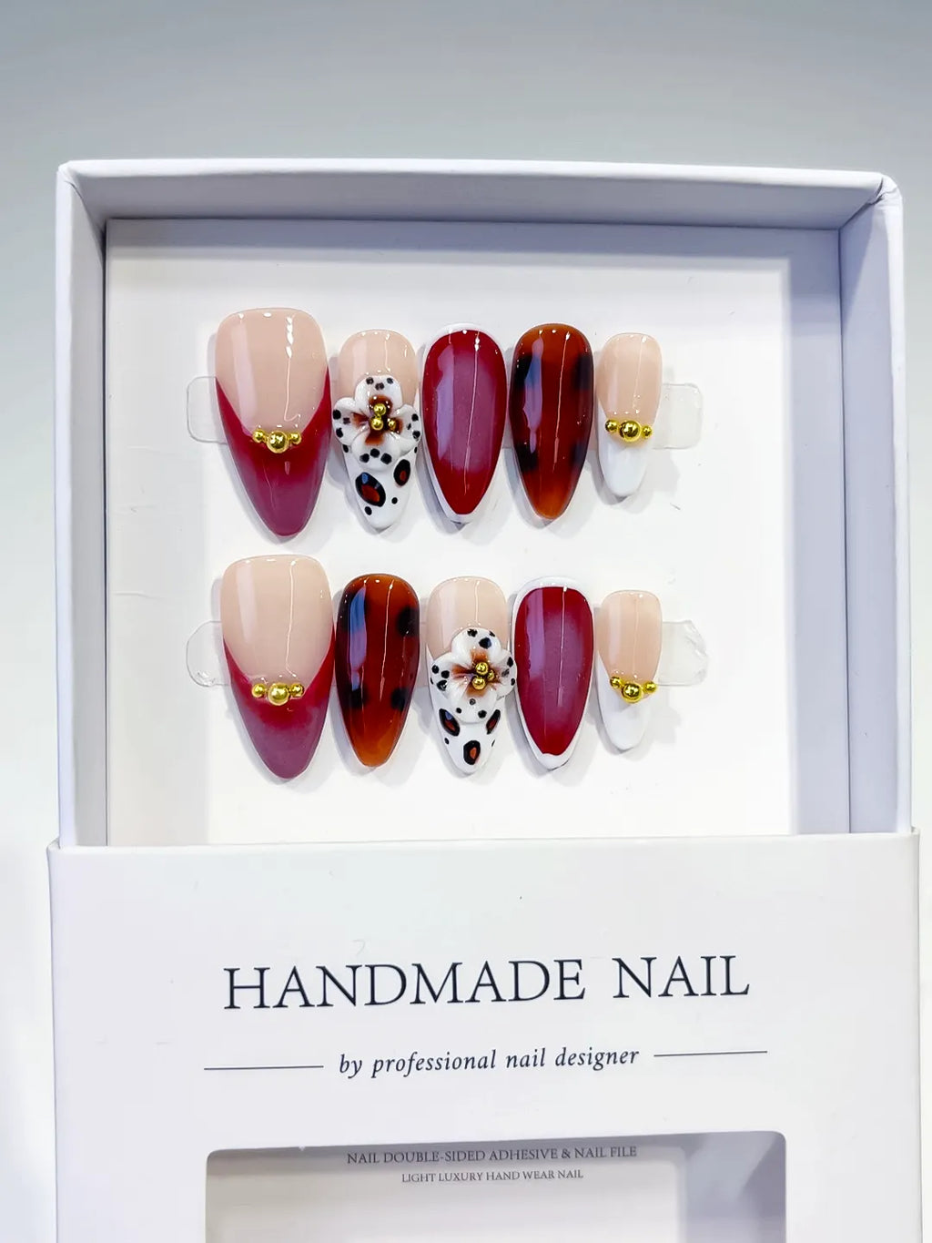 Red Black White Abstract Flower Animal Print press on nails full set view