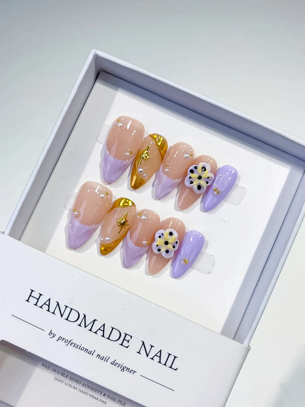 Nude Gold Purple French tip Flower Star press on nails