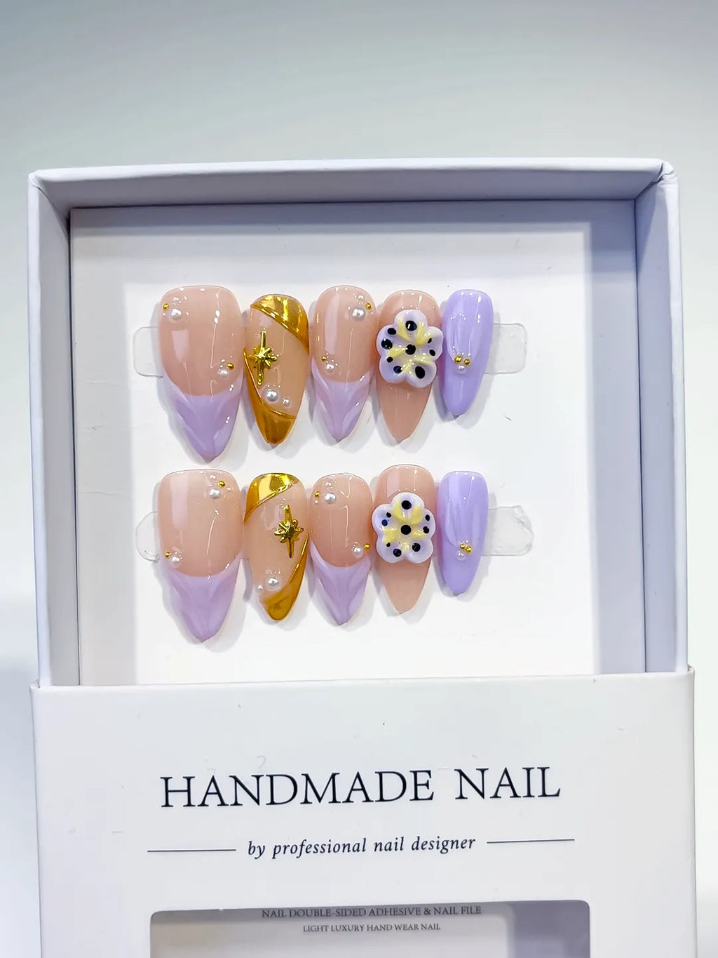 Nude Gold Purple French tip Flower Star press on nails full set view