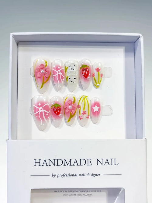 White Pink Abstract Strawberry Bow Tulip Star press on nails full set view